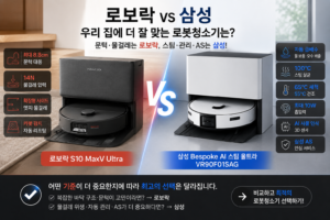 로보락 S10 MaxV Ultra와 삼성 Bespoke AI 스팀 울트라 VR90F01SAG의 핵심 차이를 소개하는 로봇청소기 비교 이미지