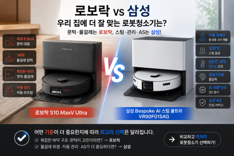 로보락 S10 MaxV Ultra vs 삼성 Bespoke AI 스팀 울트라 VR90F01SAG｜문턱·물걸레는 로보락, 스팀·AS는 삼성… 우리 집엔 뭐가 맞을까?
