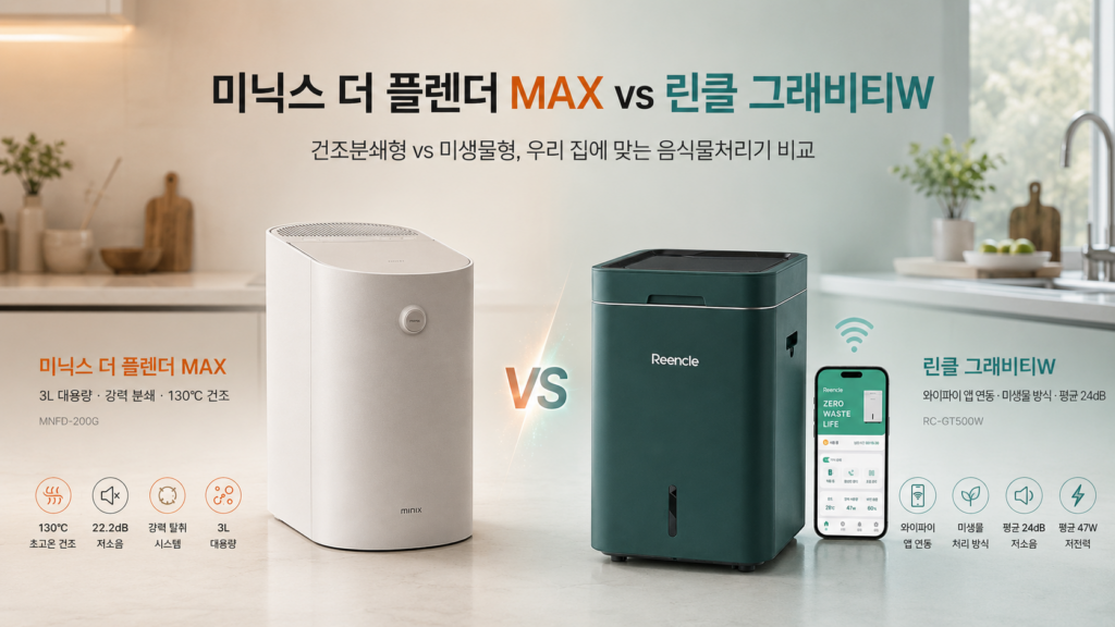 미닉스 더 플렌더 MAX MNFD-200G와 린클 그래비티W RC-GT500W를 건조분쇄형과 미생물형, 3L 대용량, 저소음, 와이파이 앱 연동 기준으로 비교한 음식물처리기 가로형 대표 이미지
