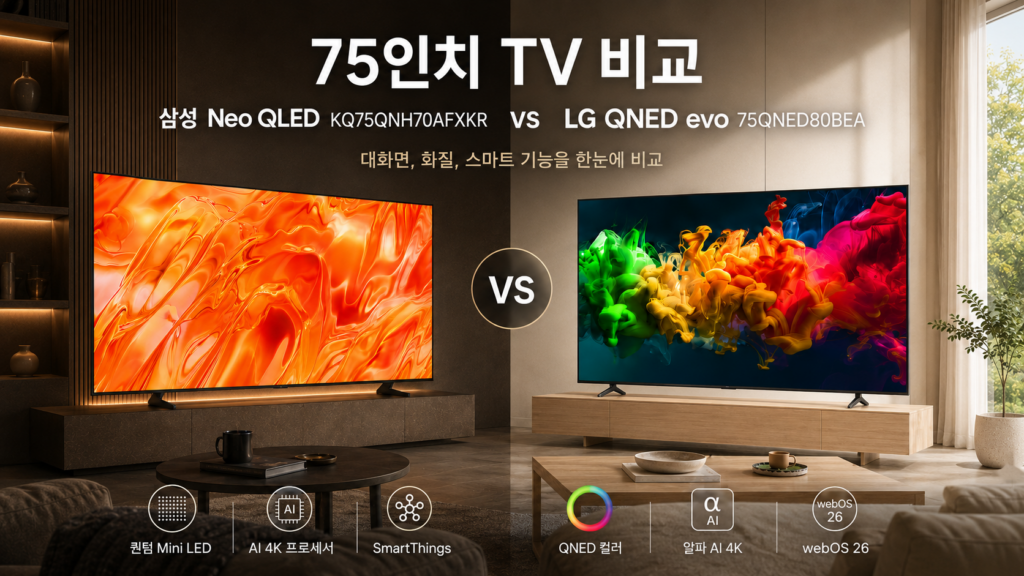 삼성 Neo QLED KQ75QNH70AFXKR와 LG QNED evo 75QNED80BEA 75인치 TV를 한 화면에서 비교한 가로형 대표 이미지